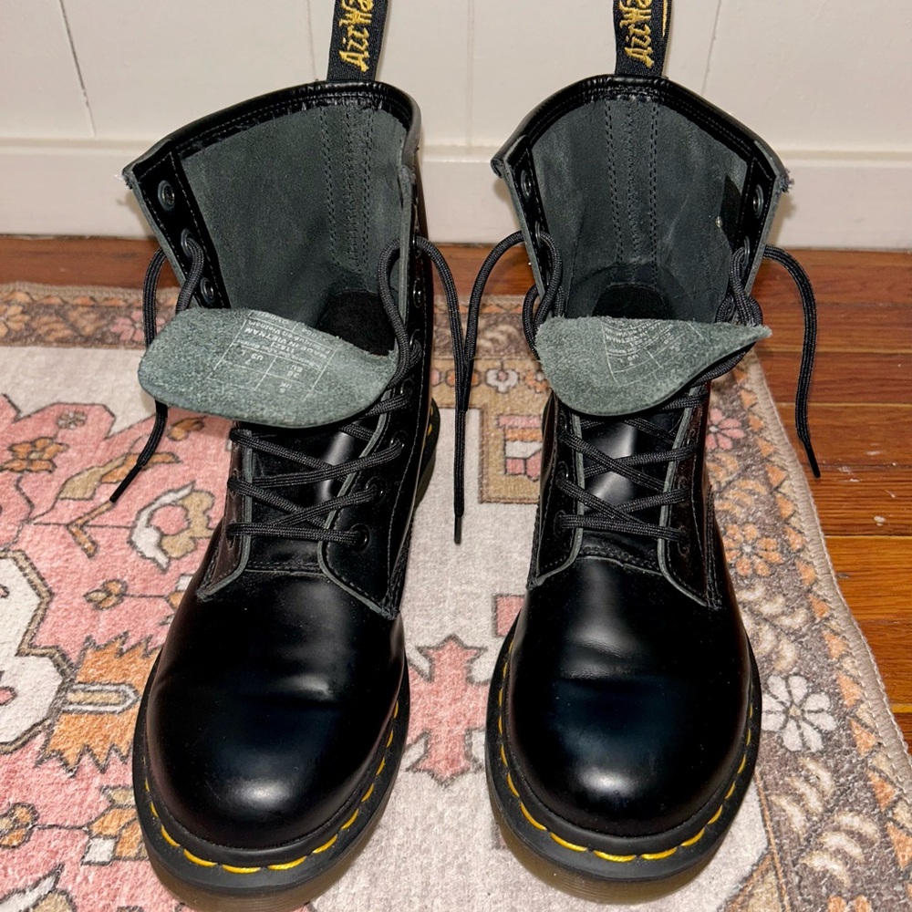Dr. Martens 1460 Black Leather Lace-Up Boots with Yellow Stitching